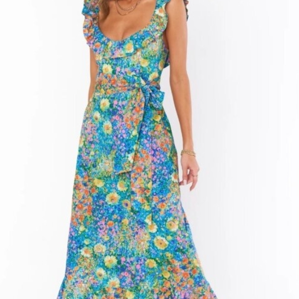 Show Me Your MuMu Alexis Teal Multi Floral Ruffle Maxi Dress Size S NO SASH